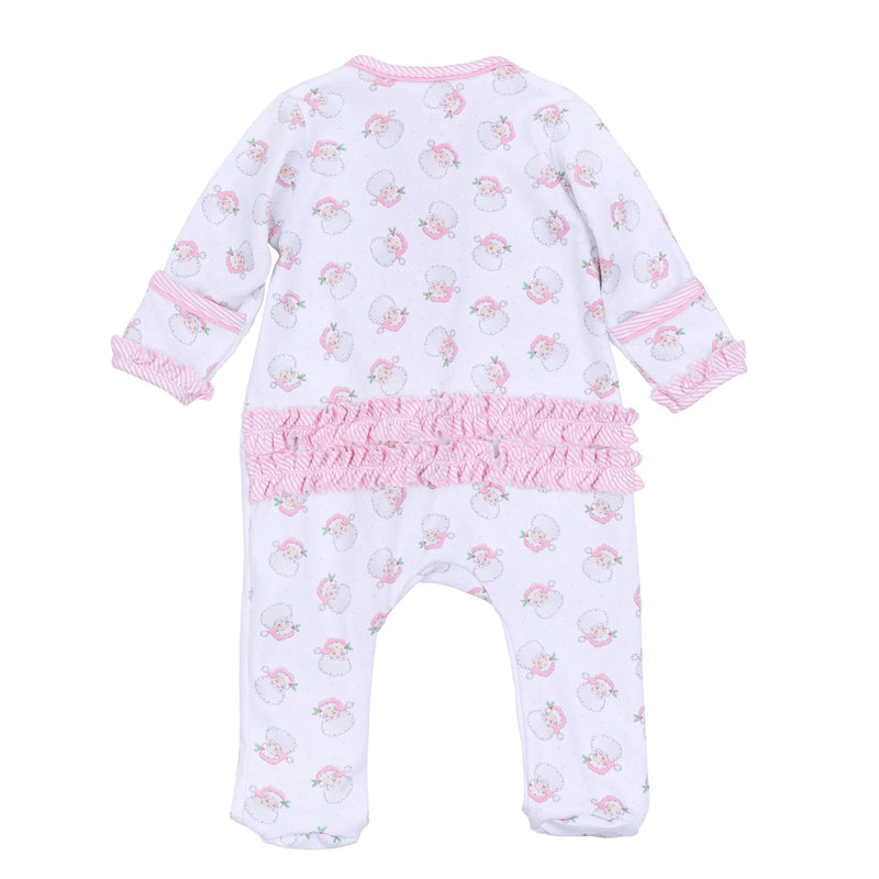 Santa Baby Print Ruffle Zip Footie - Pink