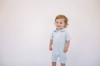 Short Sleeve Polo Romper -Blue Gingham