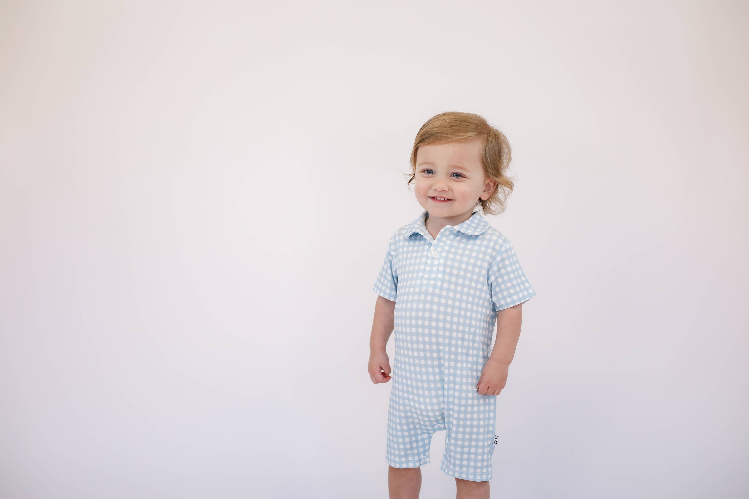 Short Sleeve Polo Romper -Blue Gingham