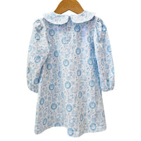 Blue Long Sleeve Christmas Toile Dress