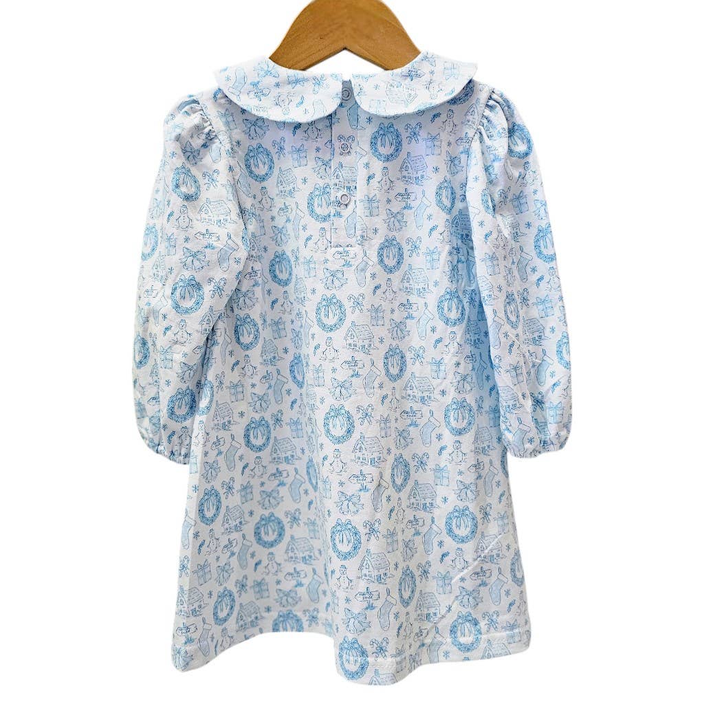 Blue Long Sleeve Christmas Toile Dress