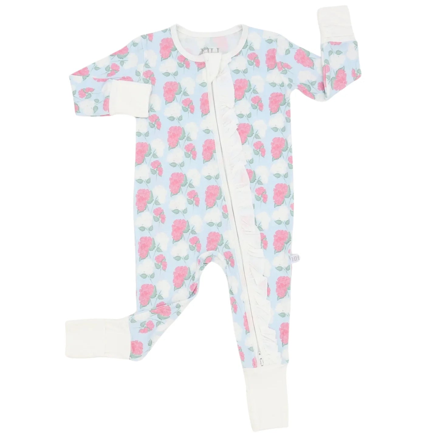 Girls Pink Hydrangea Ruffle Double Zipper Romper