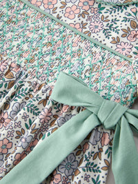 Sage Green Bow Floral Smocked Dress