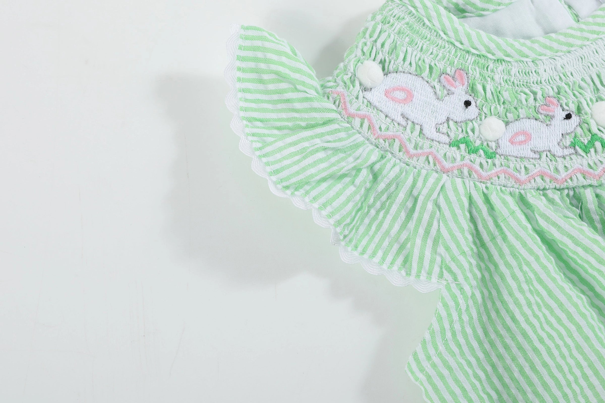 Green Seersucker Easter Bunny Smocked Flutter Romper