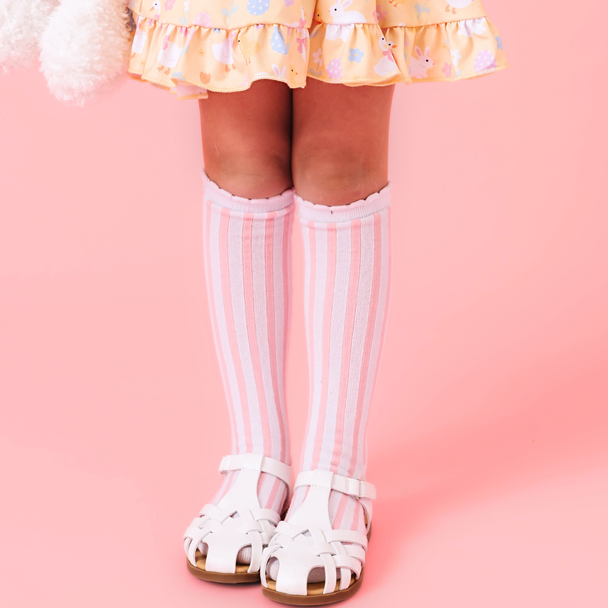 White/Blossom Striped Scalloped Knee High Socks