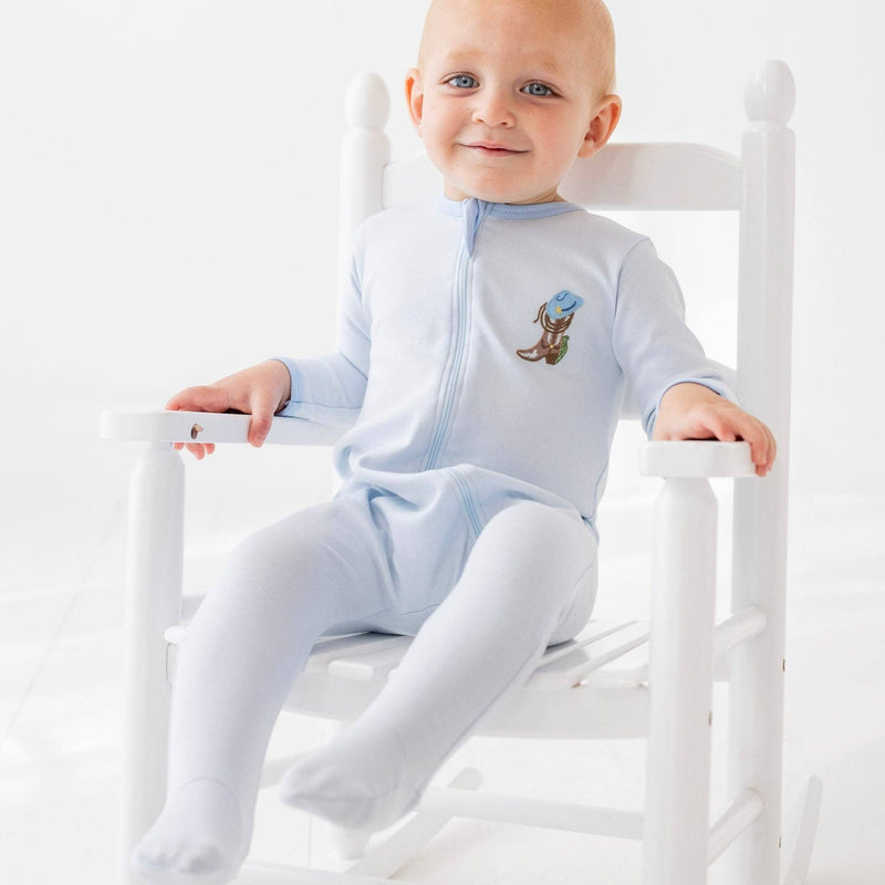 Boots and Cowboy Hat Zip Footie - Light Blue