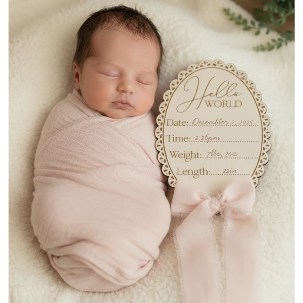 Hello World Baby Birth Announcement Sign – Vintage inspired