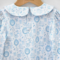 Blue Long Sleeve Christmas Toile Dress