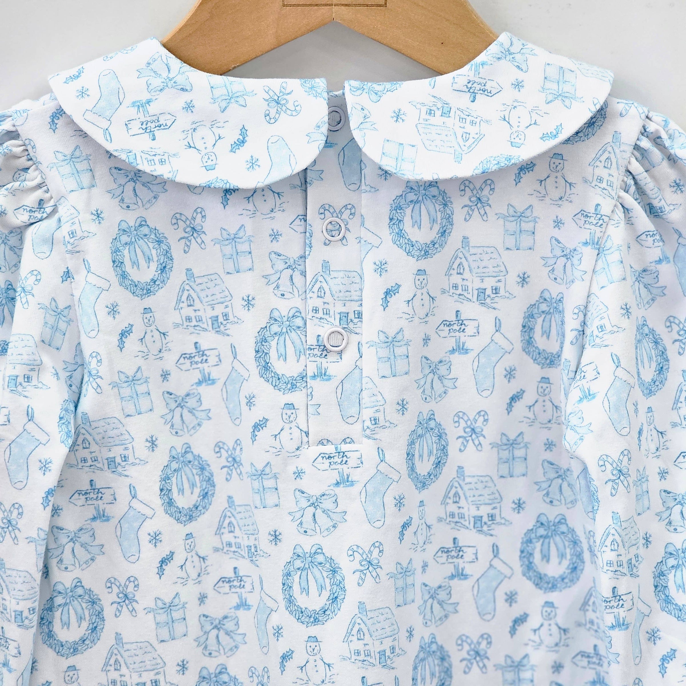 Blue Long Sleeve Christmas Toile Dress