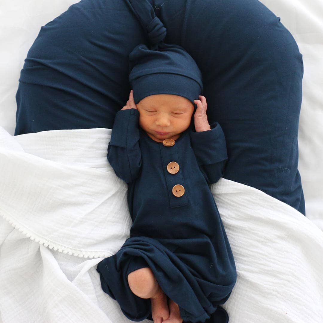 Solid Dark Navy Bamboo Baby Knot Gown & Hat