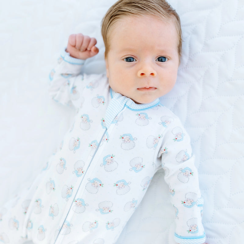 Santa Baby Print Ruffle Zip Footie - Light Blue