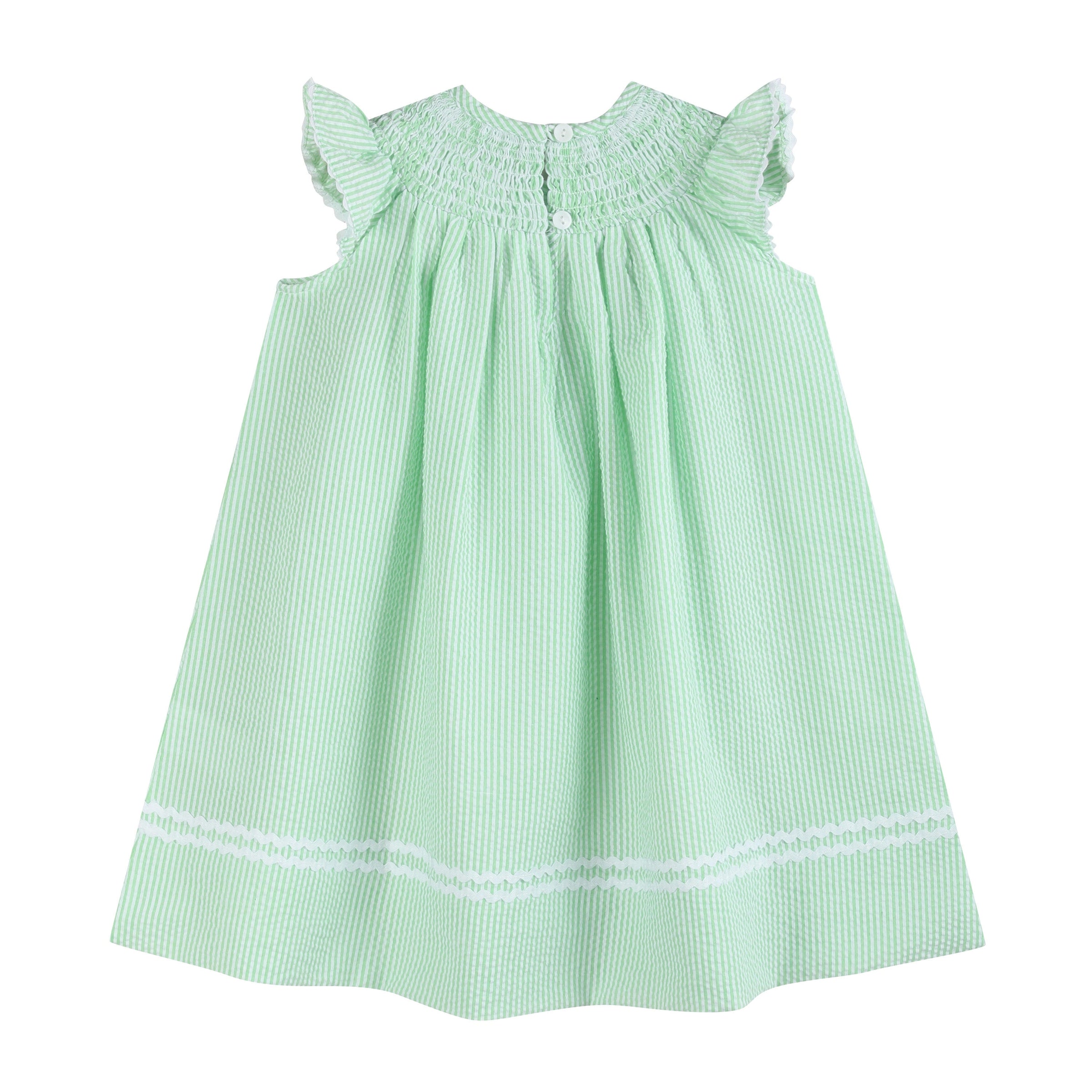 Green Seersucker Easter Bunny Smocked Bishop Dress