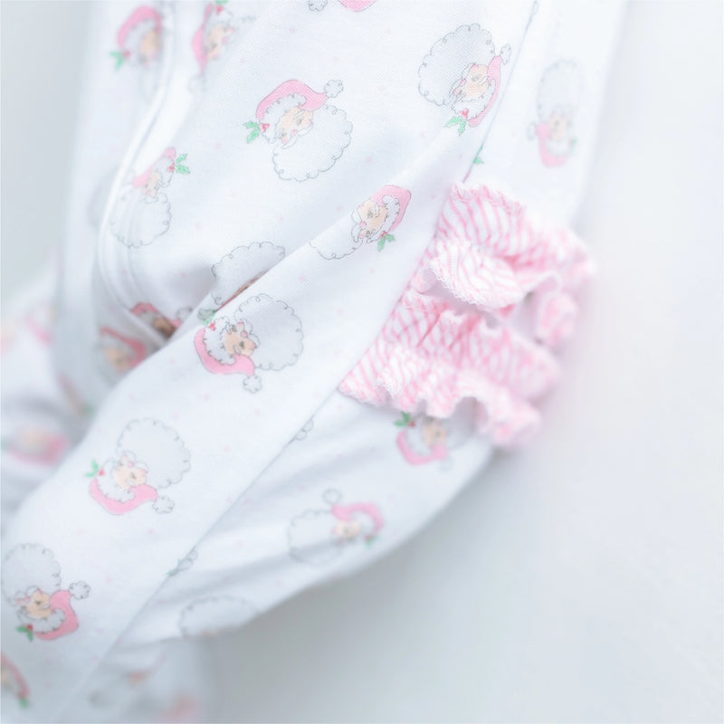 Santa Baby Print Ruffle Zip Footie - Pink