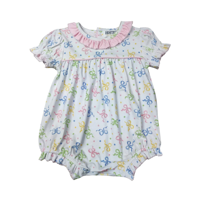 Multi color bows with a frilly neckline