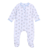 Santa Baby Print Ruffle Zip Footie - Light Blue