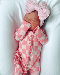 Strawberry/Rosy Checkerboard Frill Zip Footie