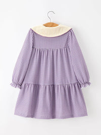 Purple Gingham Floral Collar Dress
