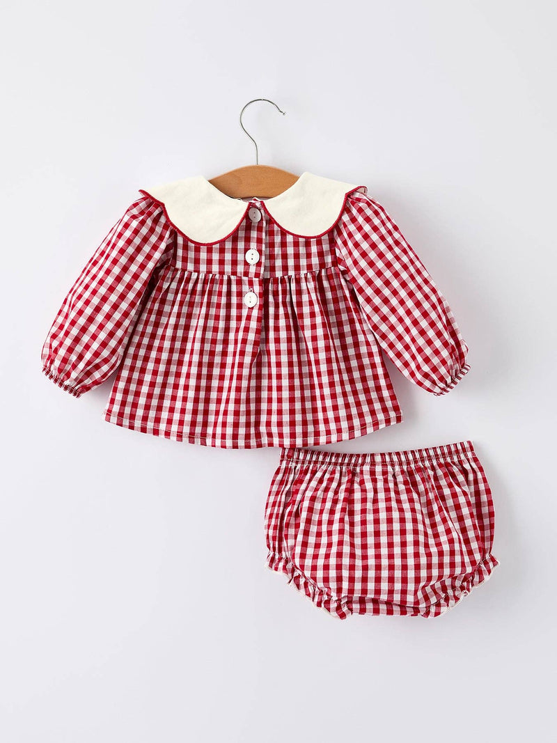 Christmas Tree Plaid Embroidery Bloomers Set