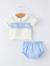 Blue Smocked Cross Bishop Christening Bloomer Set