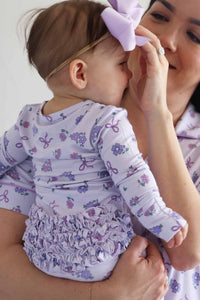 Ribbon & Roses Ruffle Zipper Footie | Purple