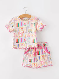Back to School Print Scallop Short Set