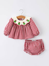 Christmas Tree Plaid Embroidery Bloomers Set