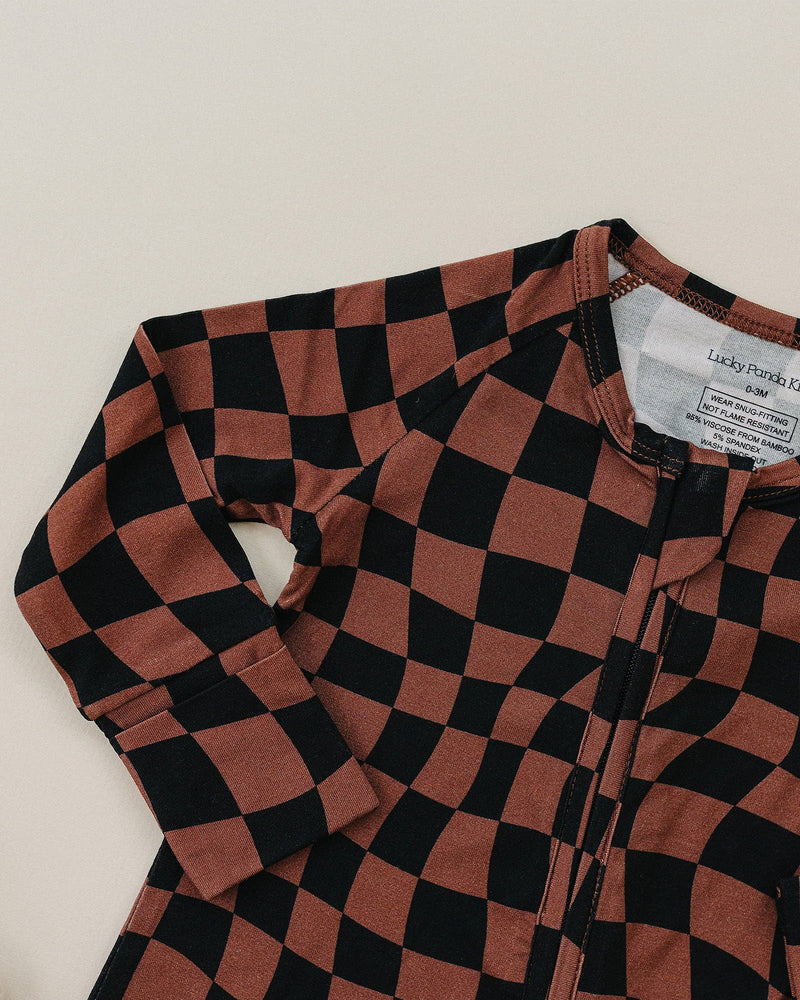 Chocolate Wavy Checkered Bamboo Zip Romper