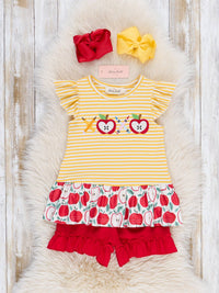 Striped Embroidered Apples Pencils & Ruffle Outfit