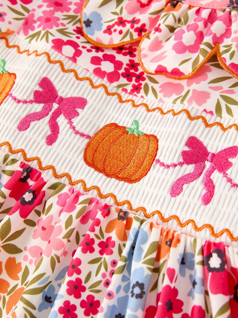 Pumpkin Bow Smock Embroidered Floral Dress