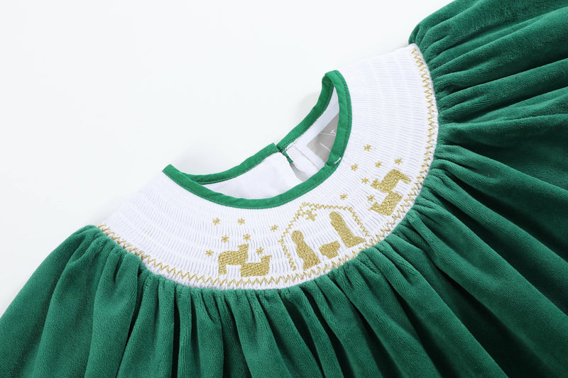 Green Velour Nativity Smocked Dress