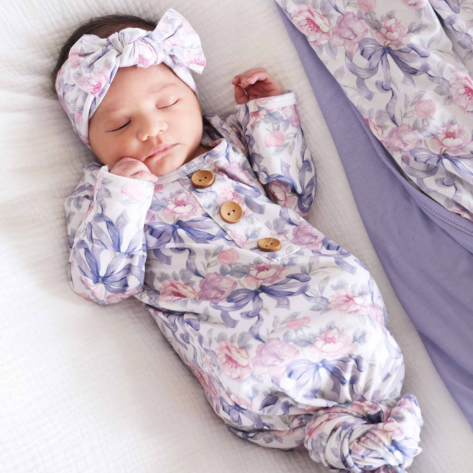 Leighton's Lavender Newborn Baby Knot Gown & Hat Set