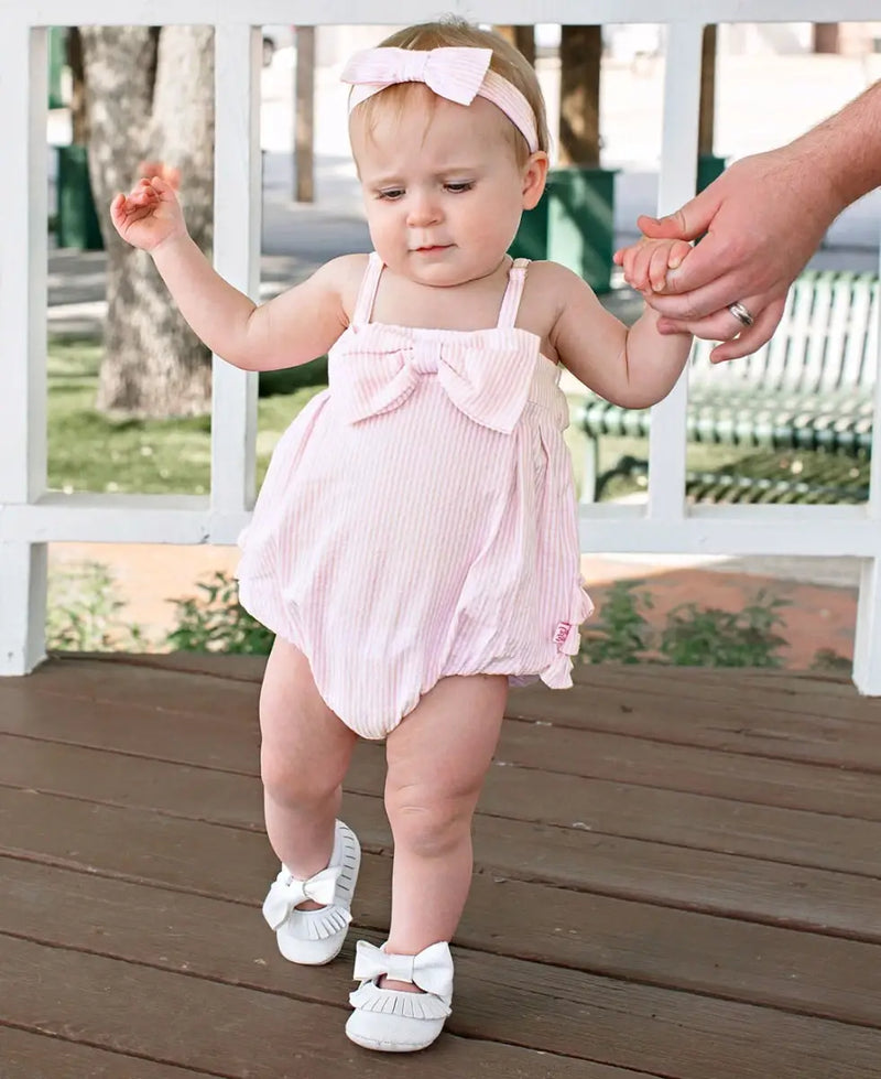 Seersucker Bow Front Woven Bubble Romper