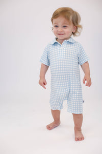 Short Sleeve Polo Romper -Blue Gingham