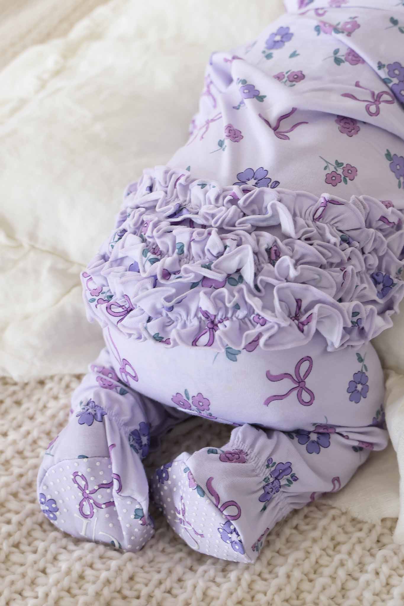 Ribbon & Roses Ruffle Zipper Footie | Purple