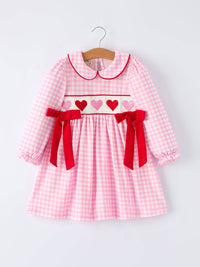 Heart Smocking Embroidered Plaid Dress