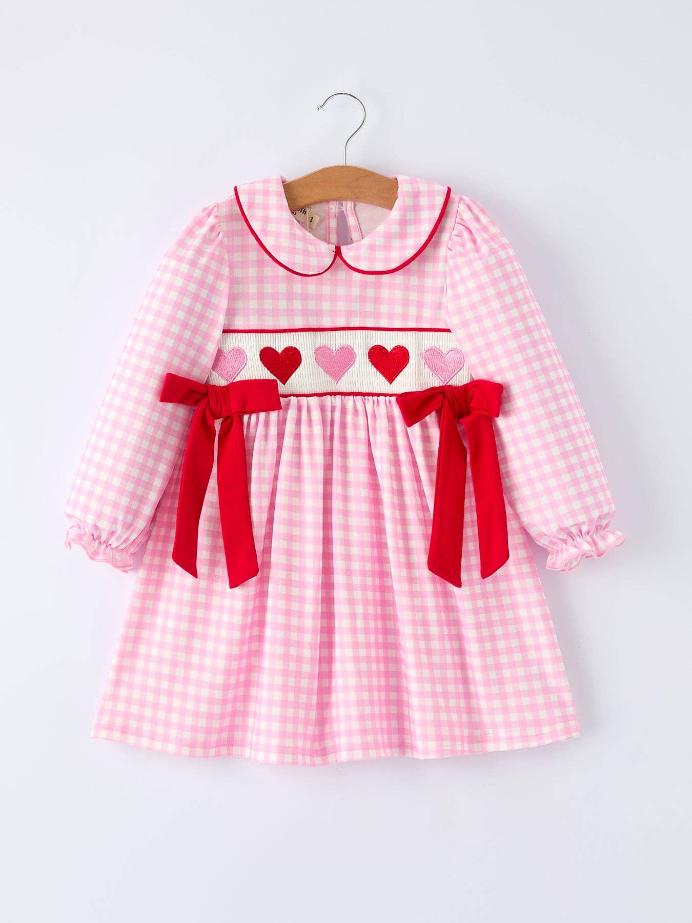Heart Smocking Embroidered Plaid Dress