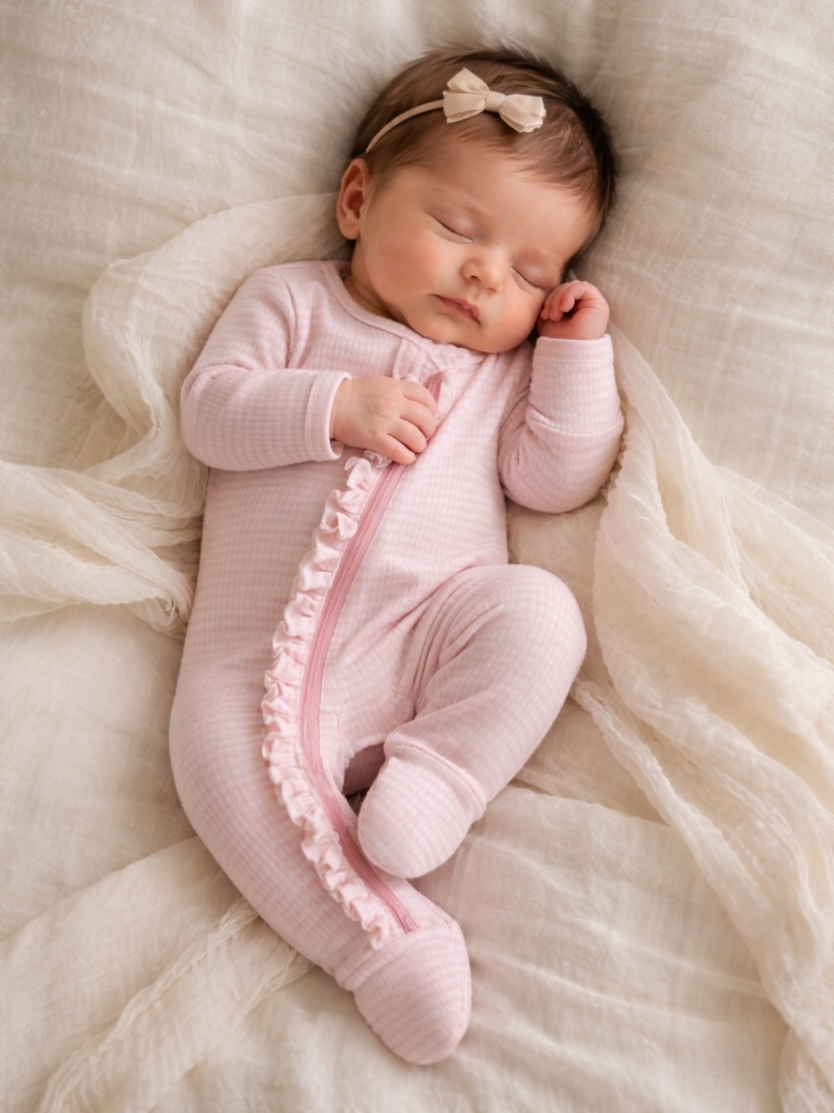 Pink Stripe / Ribbed Frill 2-Way Zip Footie