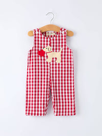 Valentine Applique Heart Dog Plaid Romper