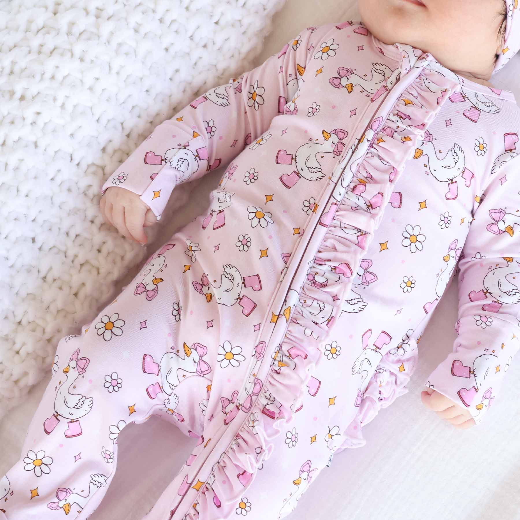 Silly Goose Ruffle Zipper Footie | Pink