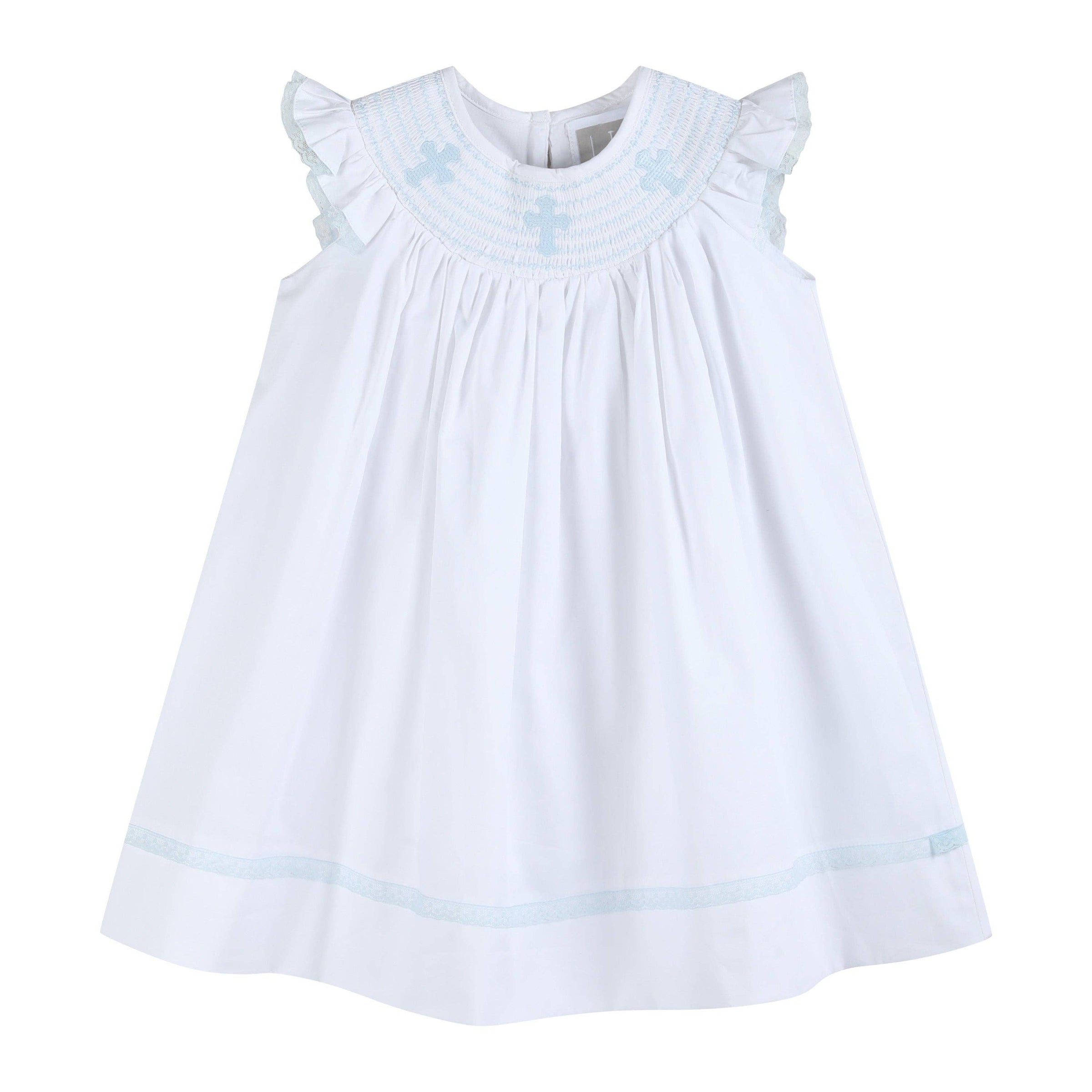 White and Blue Crosses Smocked Bishop Dress
