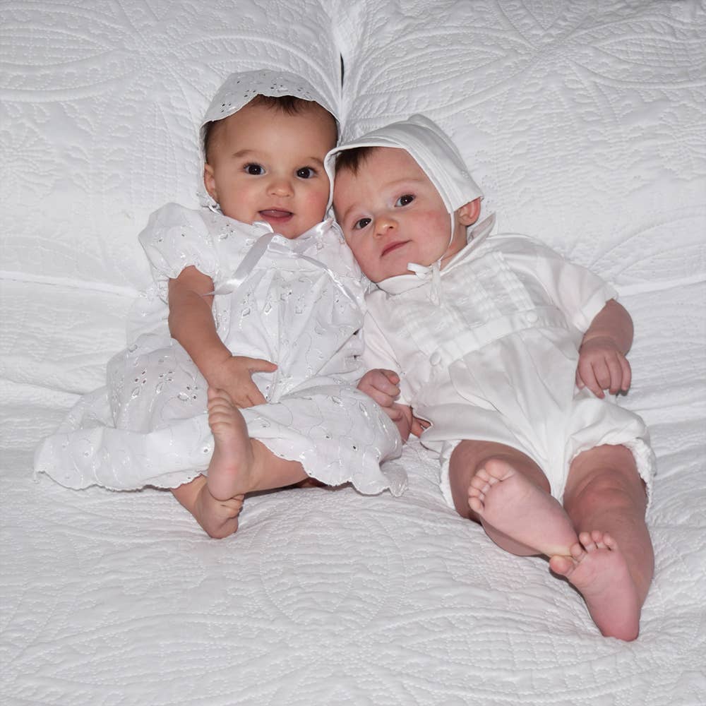 Christening Romper with Pintucks + Bonnet