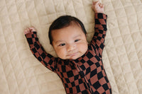Chocolate Wavy Checkered Bamboo Zip Romper