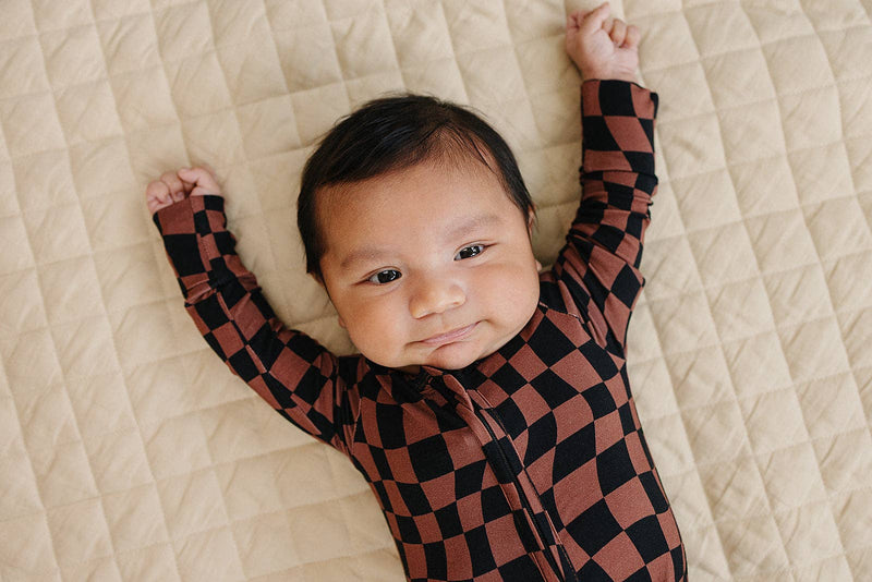 Chocolate Wavy Checkered Bamboo Zip Romper