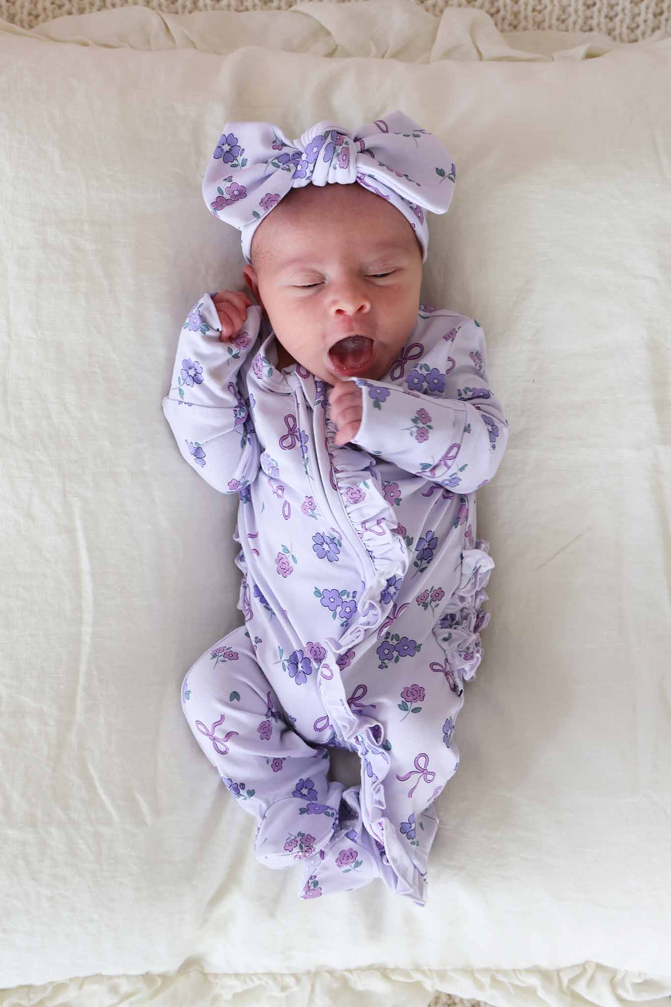 Ribbon & Roses Ruffle Zipper Footie | Purple