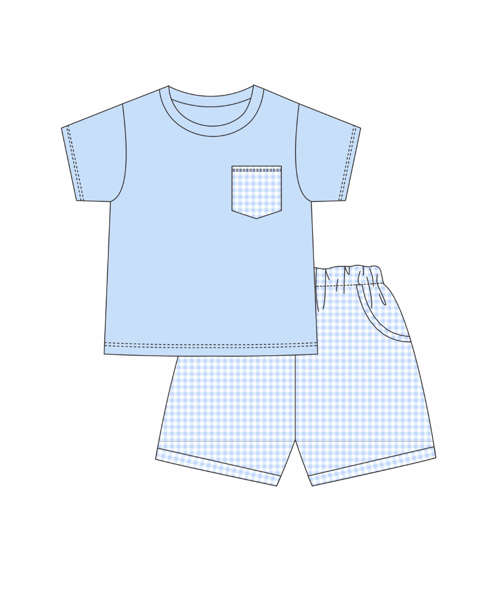 Children's blue t-shirt and shorts set with a checkered pattern on a white background.