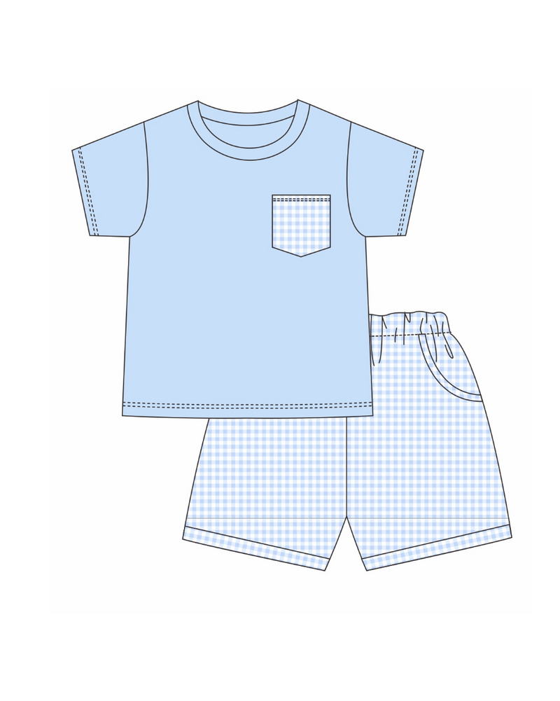 Children's blue t-shirt and shorts set with a checkered pattern on a white background.