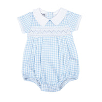 Mini Checks Smocked Collared Bubble - Blue