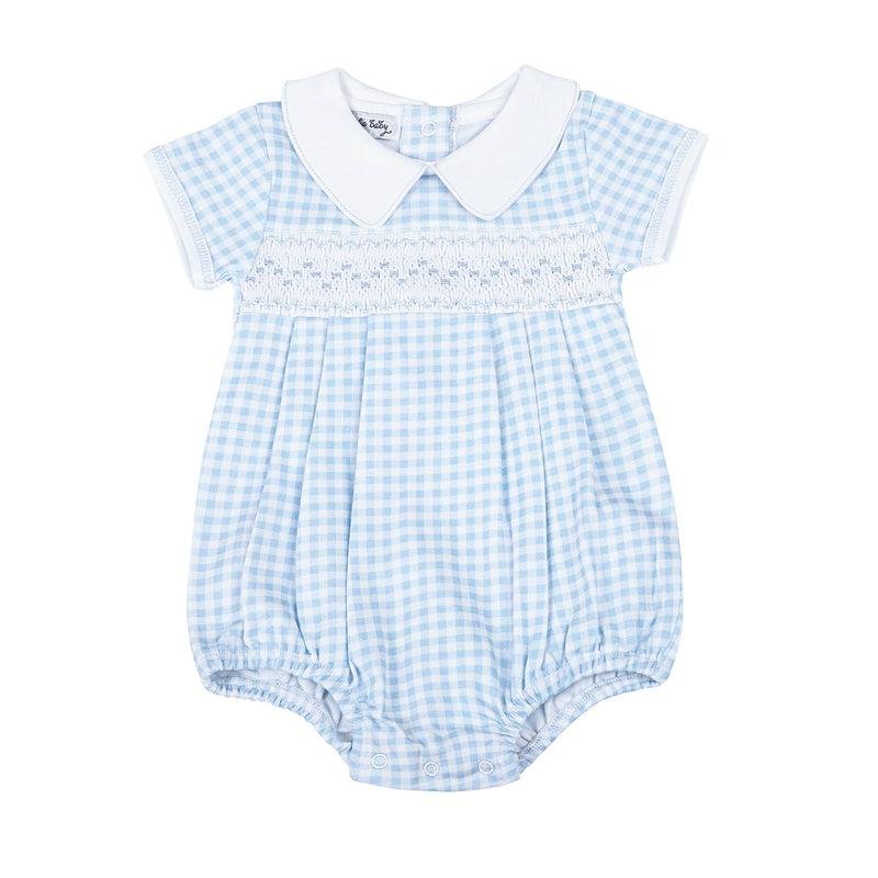 Mini Checks Smocked Collared Bubble - Blue