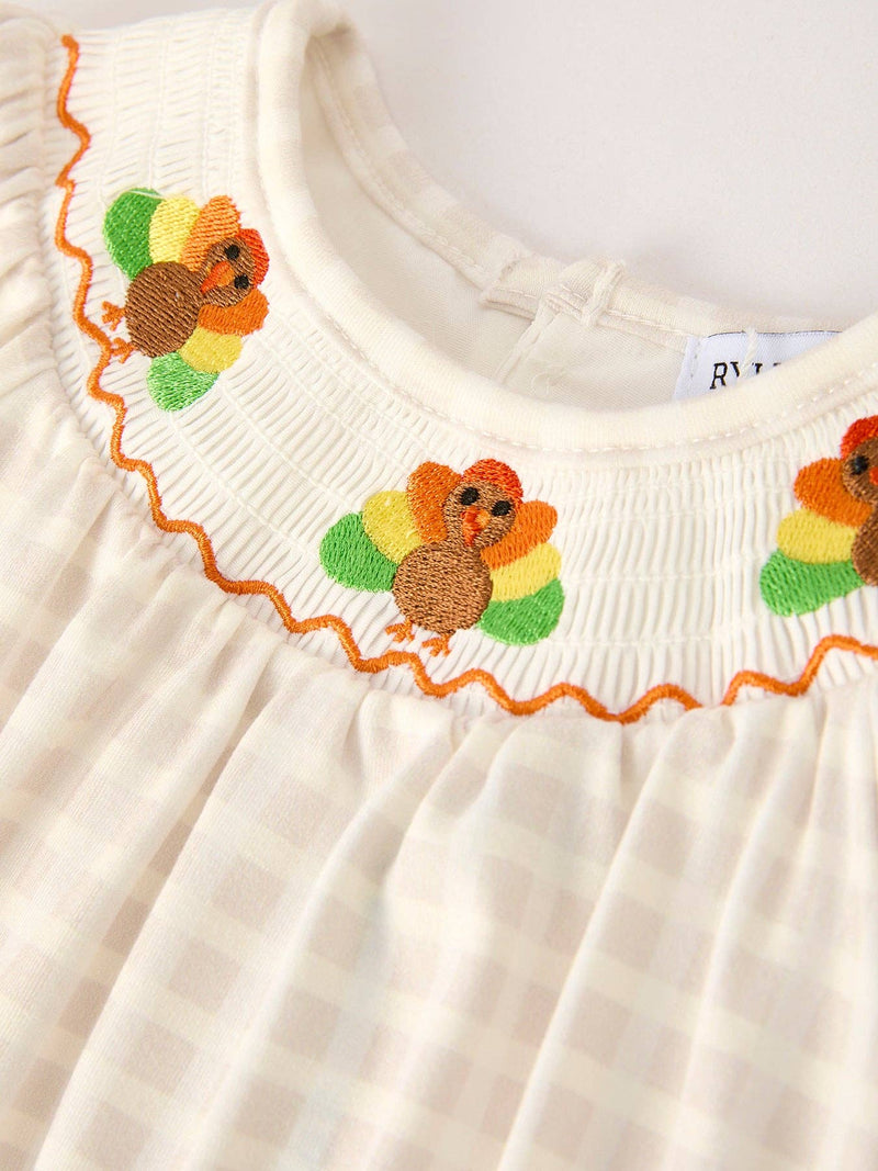 Plaid Turkey Embroidery Smocked Bubble