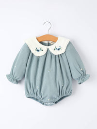 Blue Embroidered Long Sleeve Romper